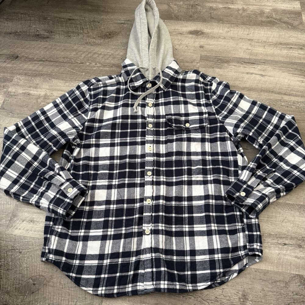 AE American Eagle Hooded Flannel Shirt Men Large Plaid Removable Hood Super Soft